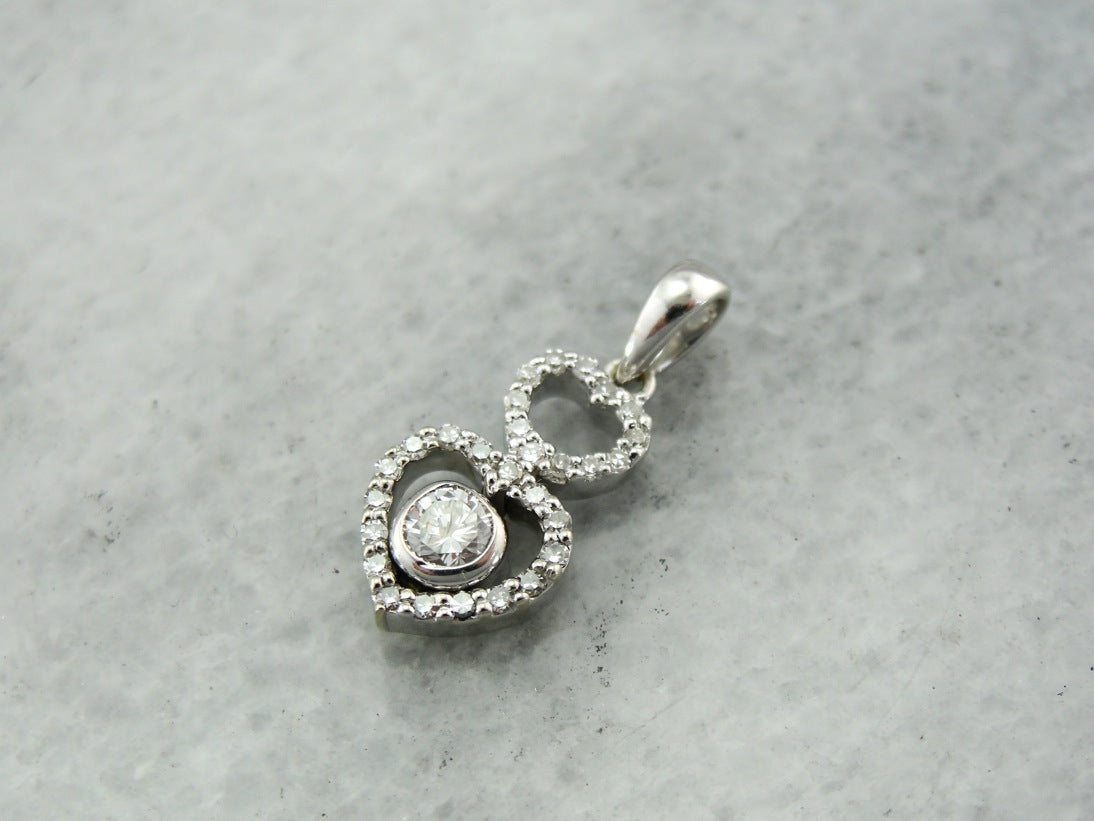 Double Diamond Heart Pendant in Bright White Gold, Modern and Contemporary