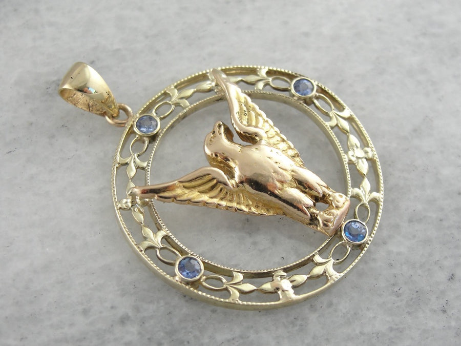 Patriotic Eagle Pendant with Floral Sapphire Frame