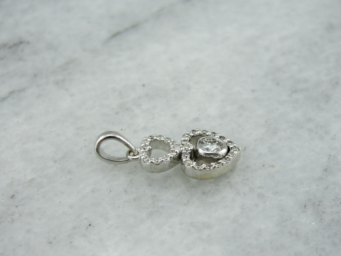 Double Diamond Heart Pendant in Bright White Gold, Modern and Contemporary