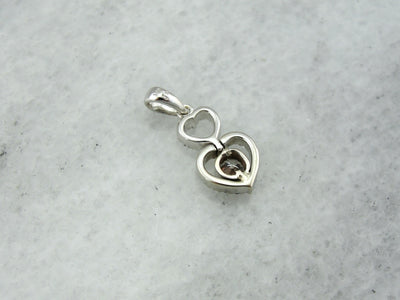 Double Diamond Heart Pendant in Bright White Gold, Modern and Contemporary