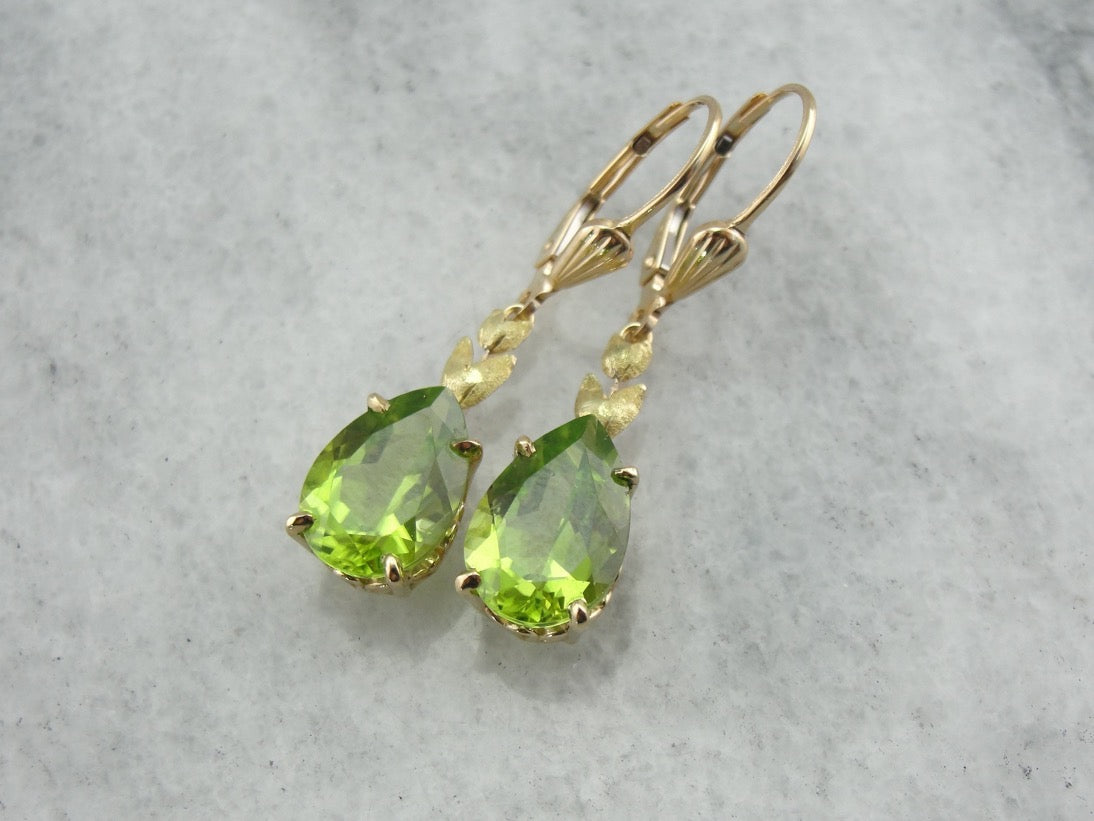Perfect Green Drops: Peridot Drop Earrings with Leaf Motif Accent
