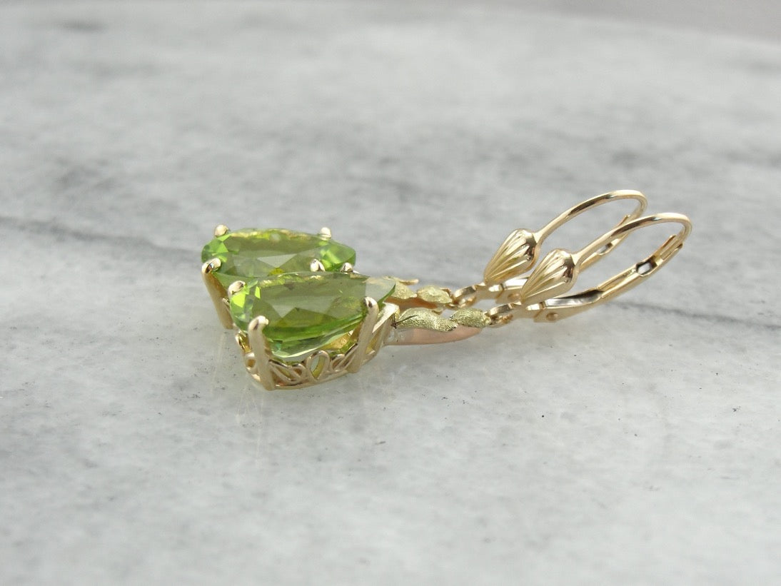 Perfect Green Drops: Peridot Drop Earrings with Leaf Motif Accent