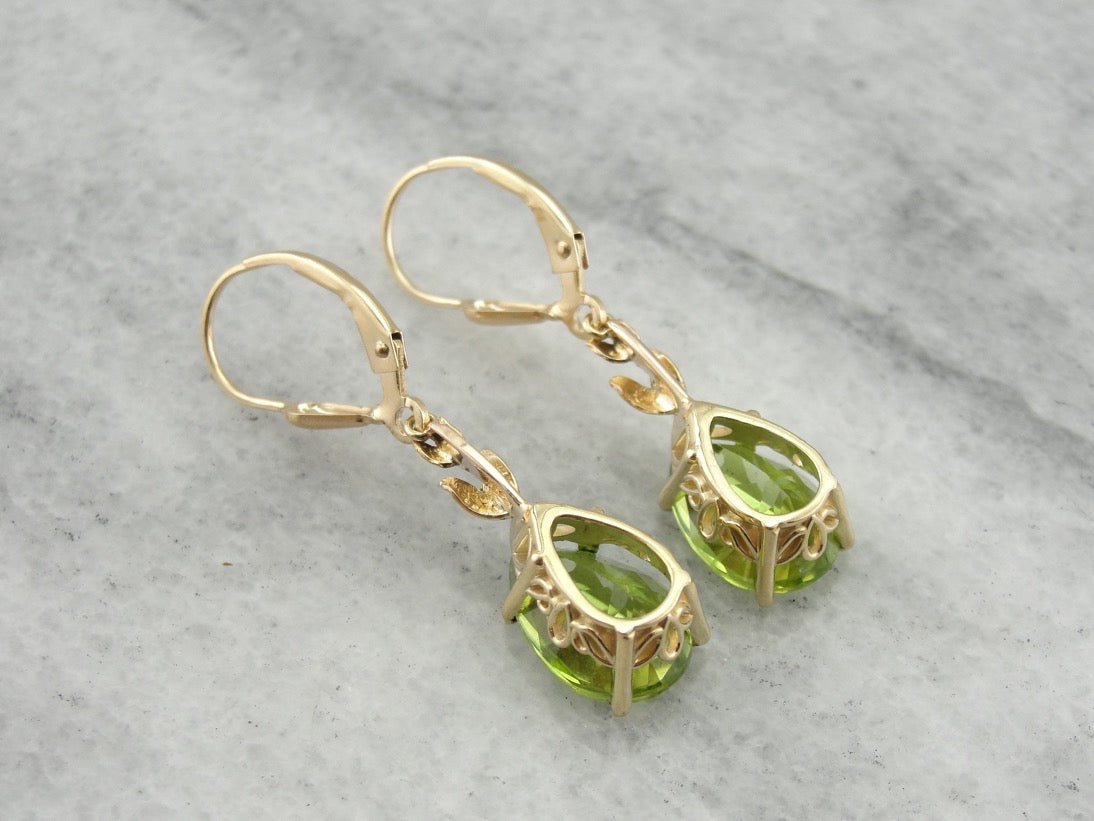Perfect Green Drops: Peridot Drop Earrings with Leaf Motif Accent
