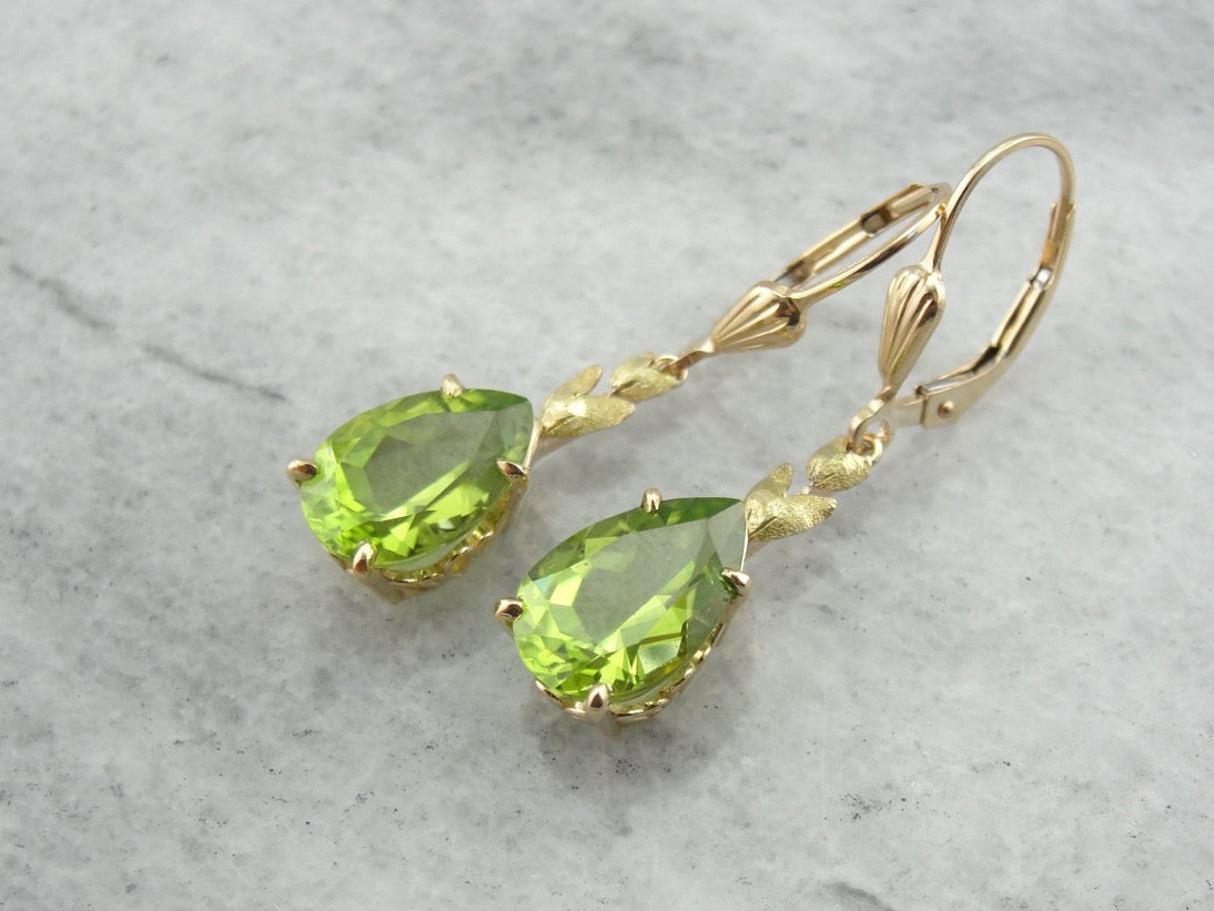 Perfect Green Drops: Peridot Drop Earrings with Leaf Motif Accent