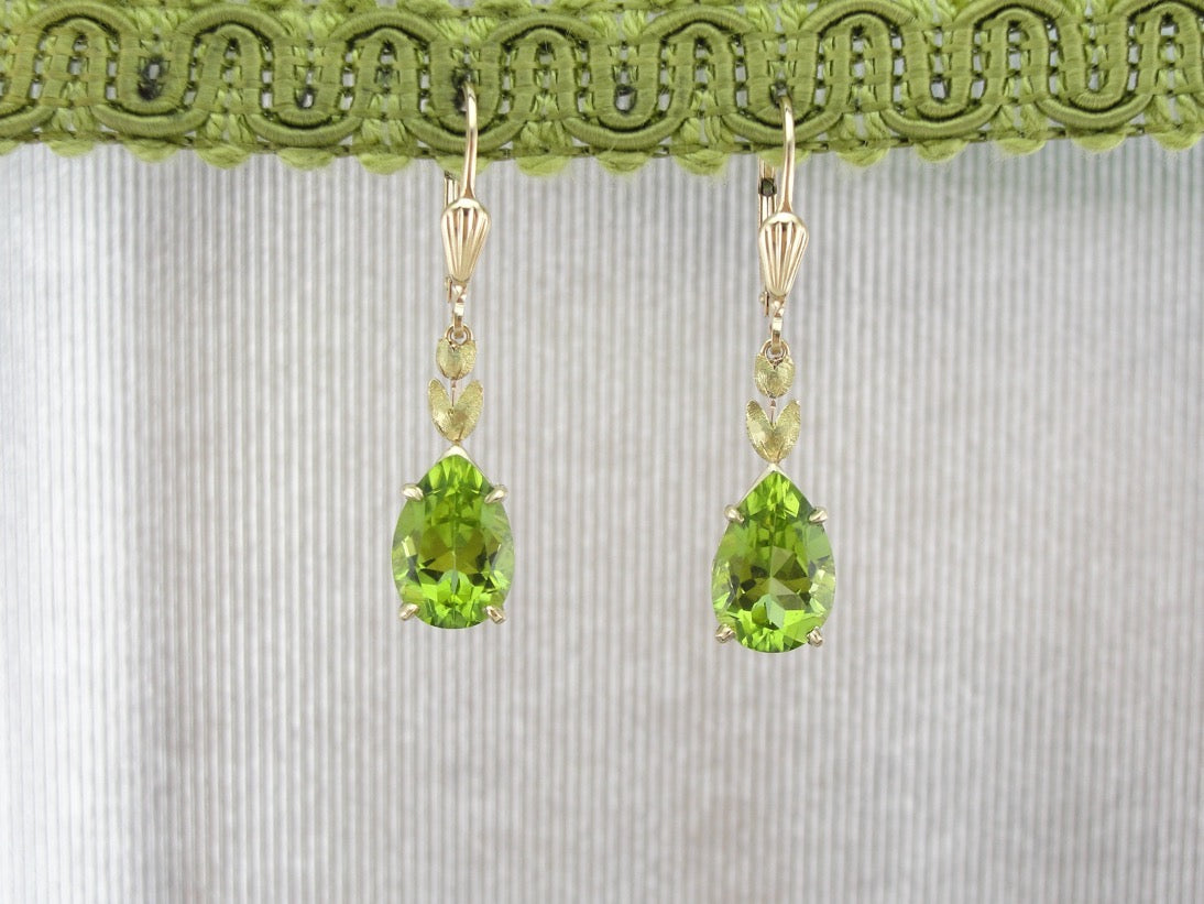 Perfect Green Drops: Peridot Drop Earrings with Leaf Motif Accent
