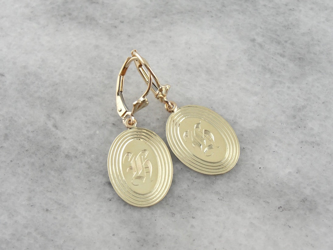 Henrietta, Hailey and Hortense: Retrofitted Green Gold "H" Monogramed Cufflink Earrings