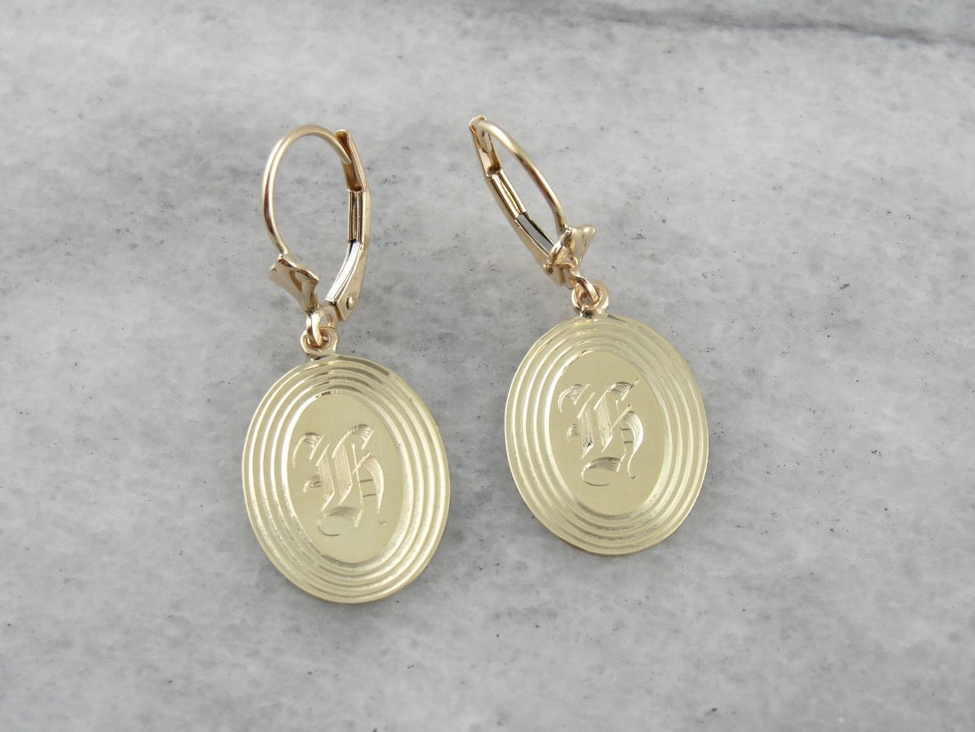 Henrietta, Hailey and Hortense: Retrofitted Green Gold "H" Monogramed Cufflink Earrings