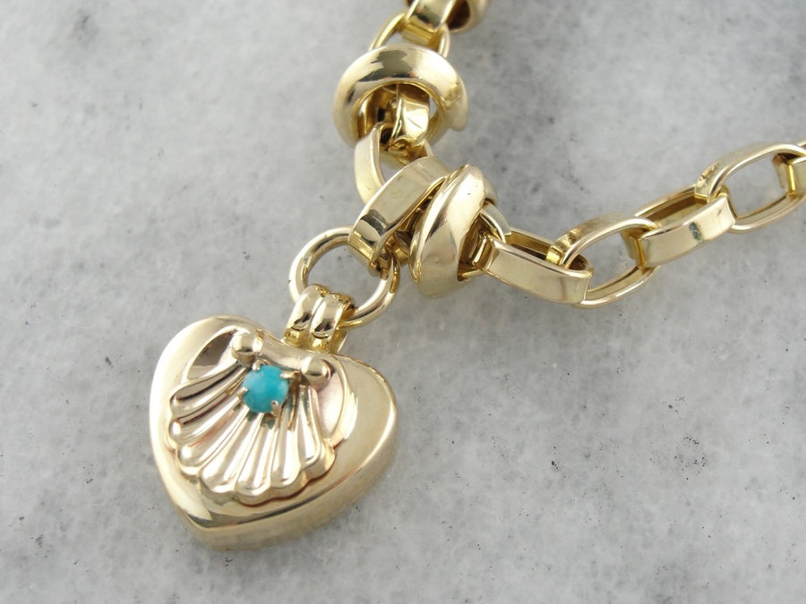 Retro Era, Vintage Link Bracelet with Turquoise Heart Charm, Scallop Motif