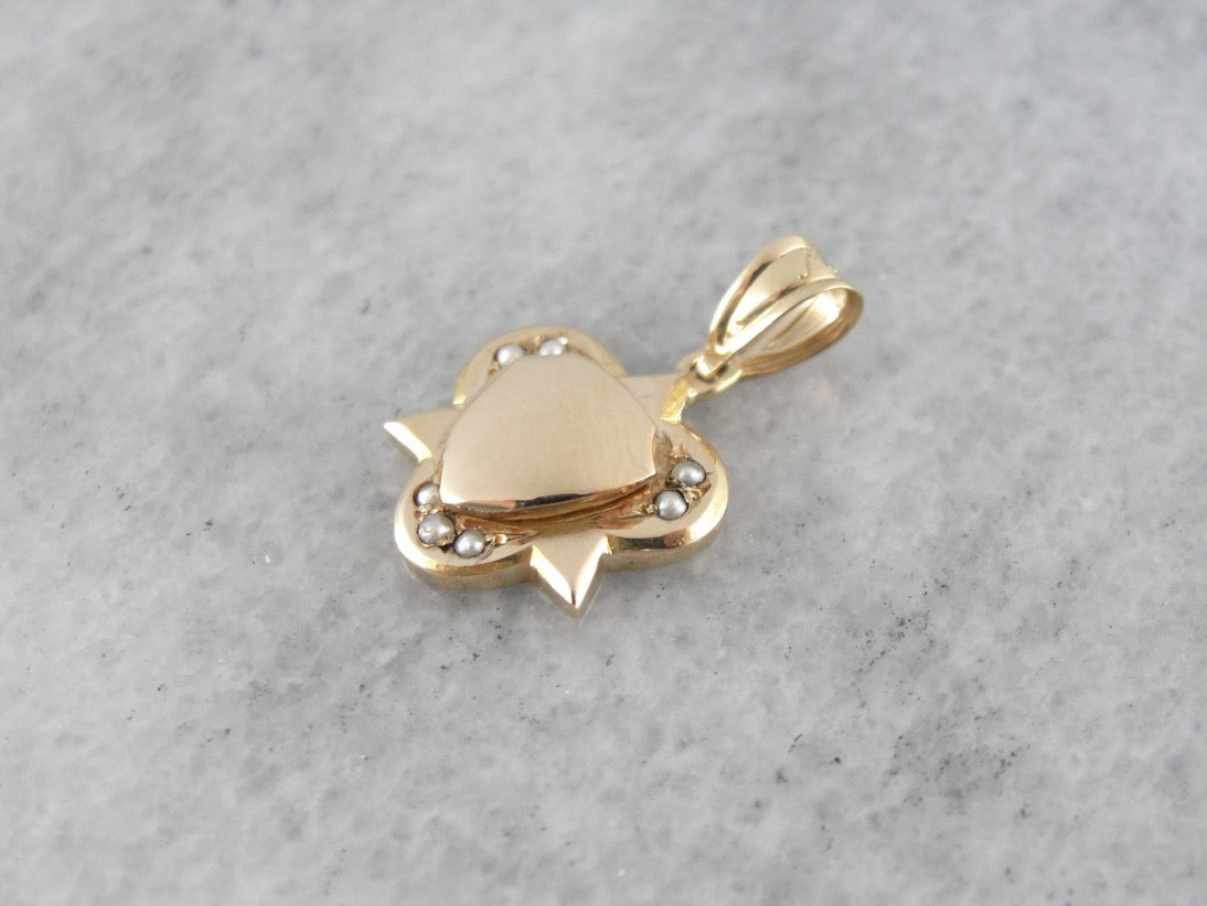 Layered Shapes: Vintage Geometric Gold Pendant with Seed Pearl Accents