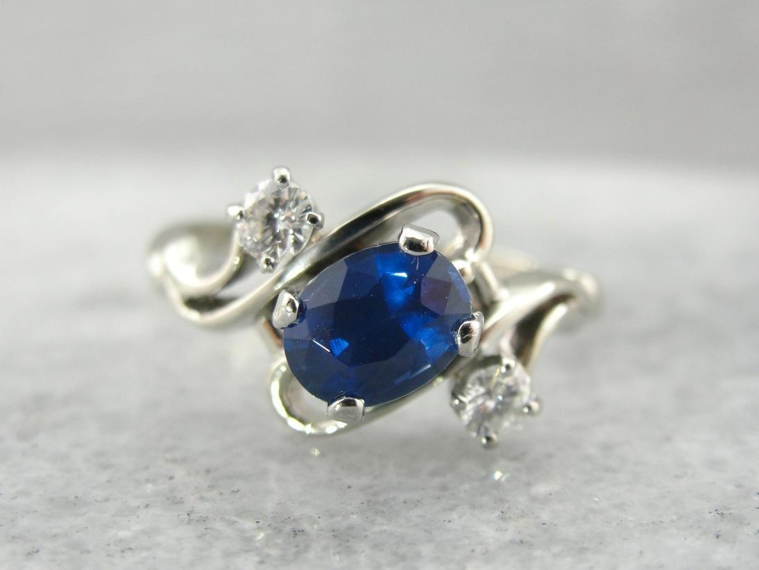 Modernist Sapphire and Diamond Ring in White Gold