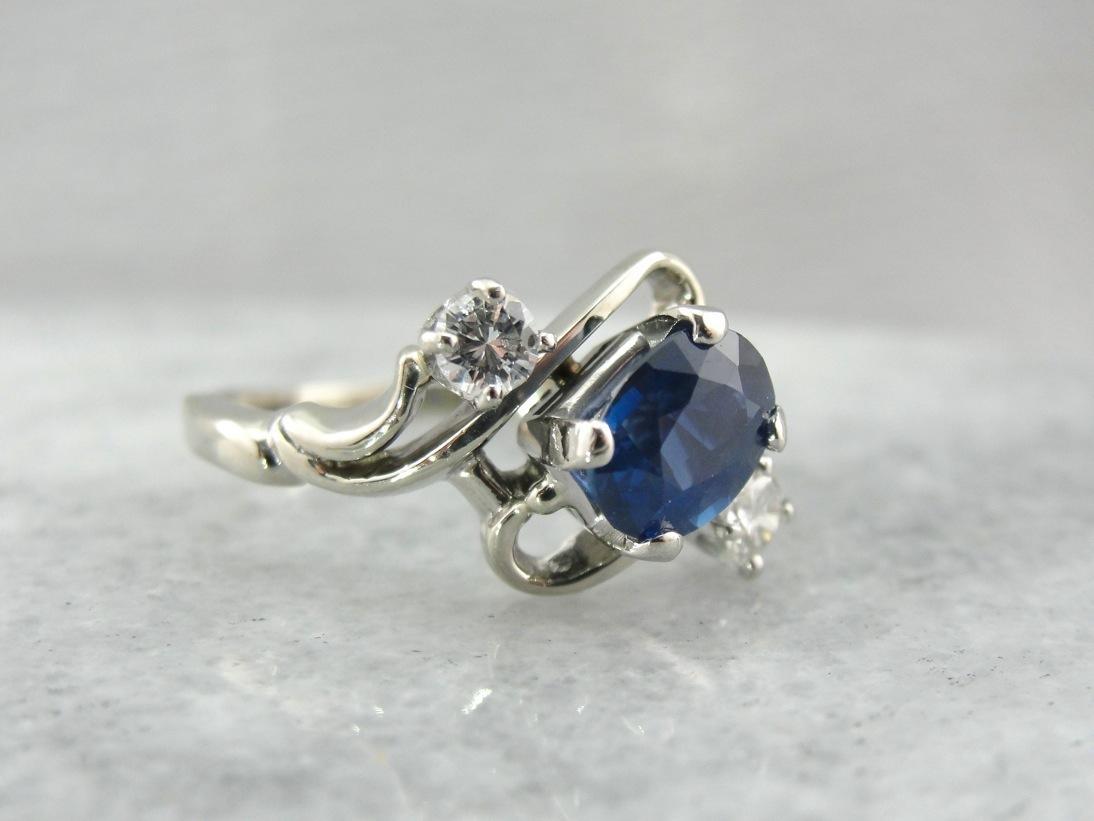 Modernist Sapphire and Diamond Ring in White Gold