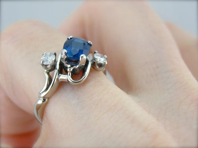 Modernist Sapphire and Diamond Ring in White Gold