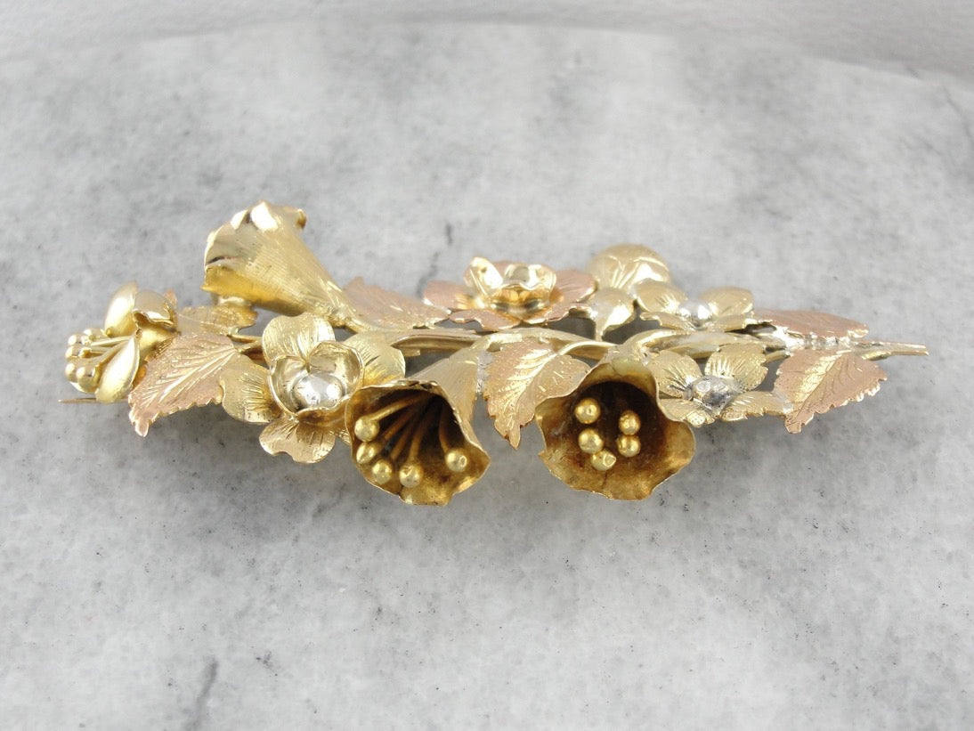 Daisies and Daylilies Flower Brooch in Multi Color Gold