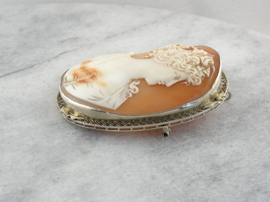 Art Deco Cameo White Gold Brooch Pendant