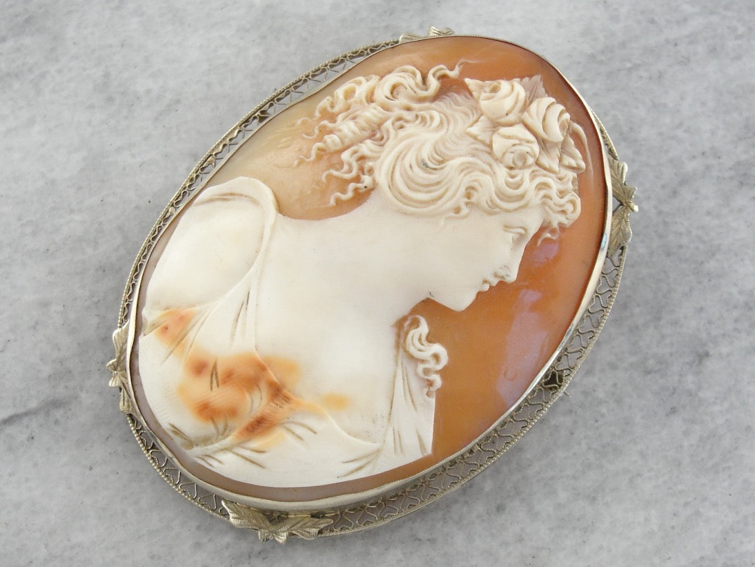 Art Deco Cameo White Gold Brooch Pendant