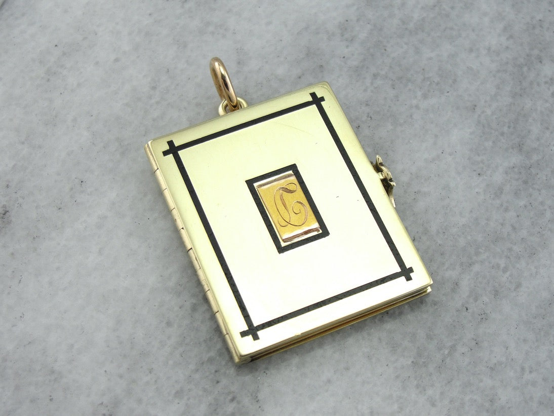 Heavy Gold Book Locket with Monogram and Enamel Details