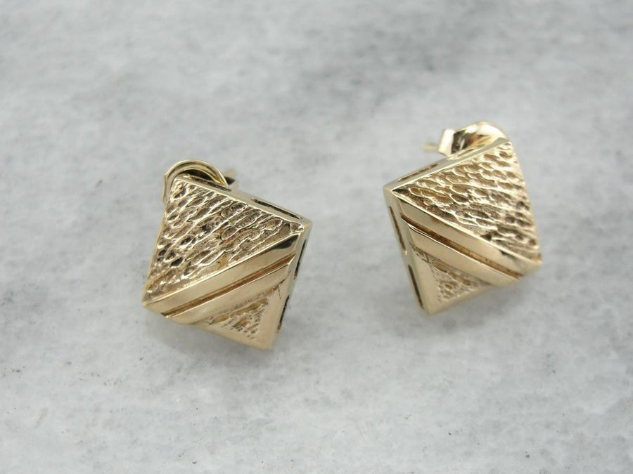 Double Yellow Line: Textured Square Stud Earrings in Gold