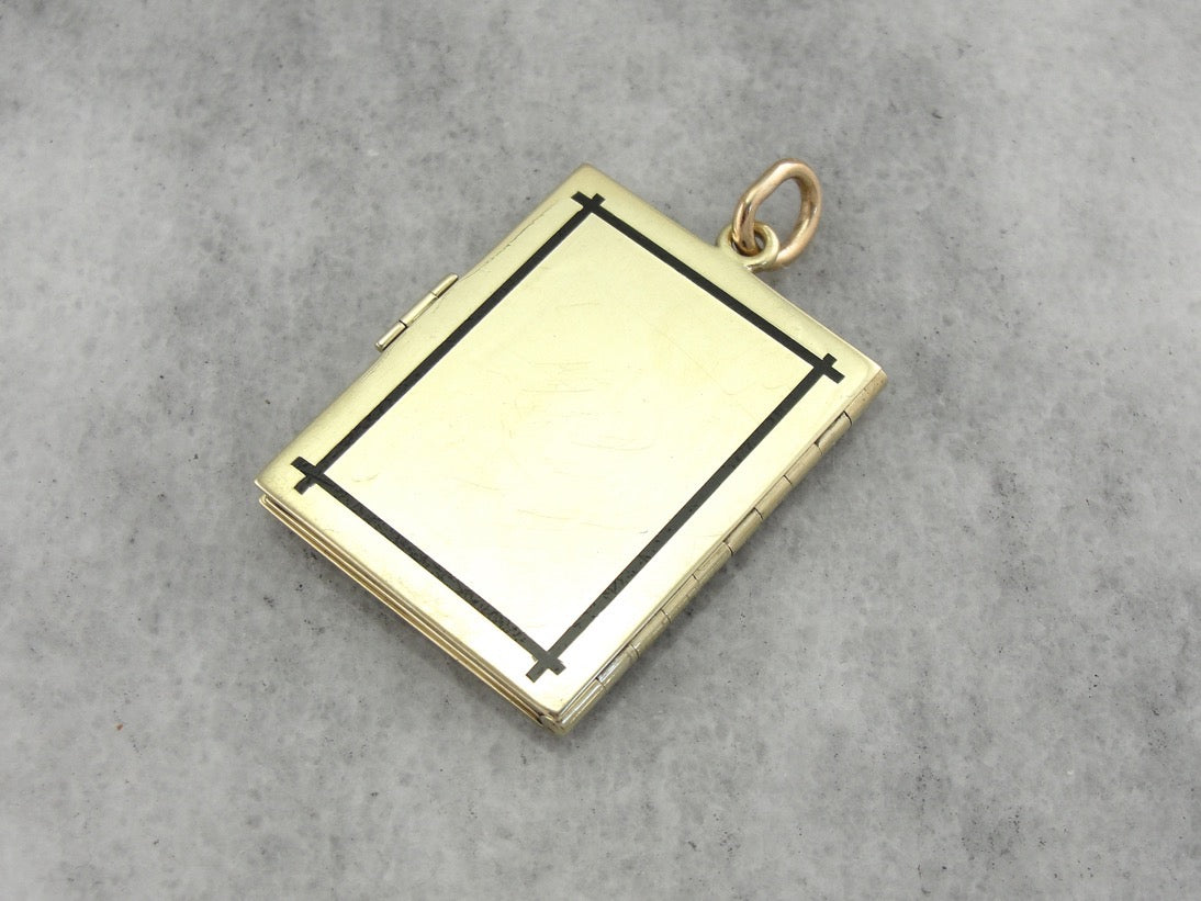 Heavy Gold Book Locket with Monogram and Enamel Details