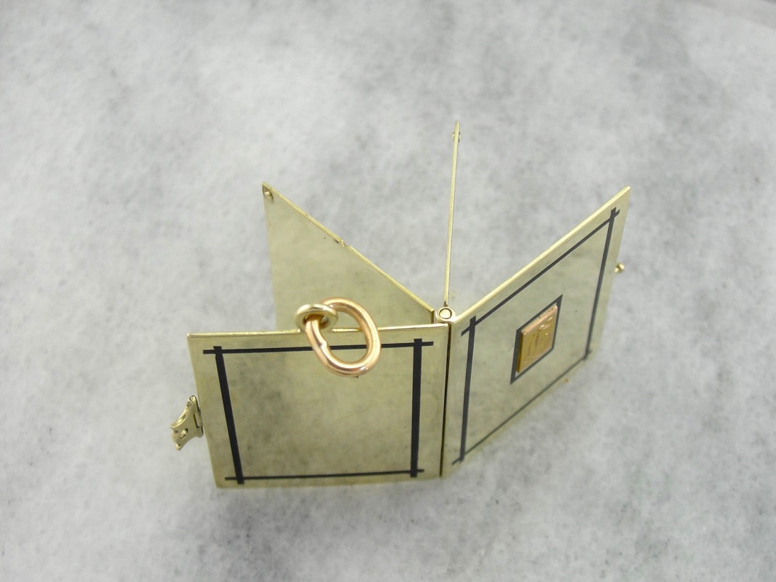 Heavy Gold Book Locket with Monogram and Enamel Details
