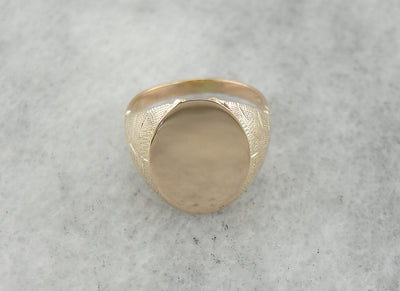 Hidden Structure and Brushed Finished Textured Yellow Gold Signet Ring