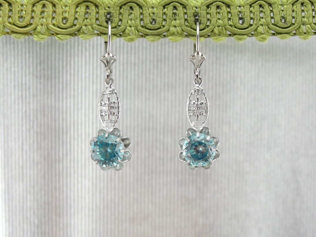 Bright Blue Zircon Buttercup Drop Earrings in White Gold