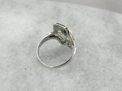 Art Deco Filigree Dinner Ring in White Gold with Old Mine Cut Diamond Center