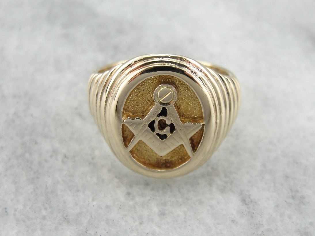 Men's Masonic Ring Crafted in 14K Yellow Gold, Unique Rippled Texture