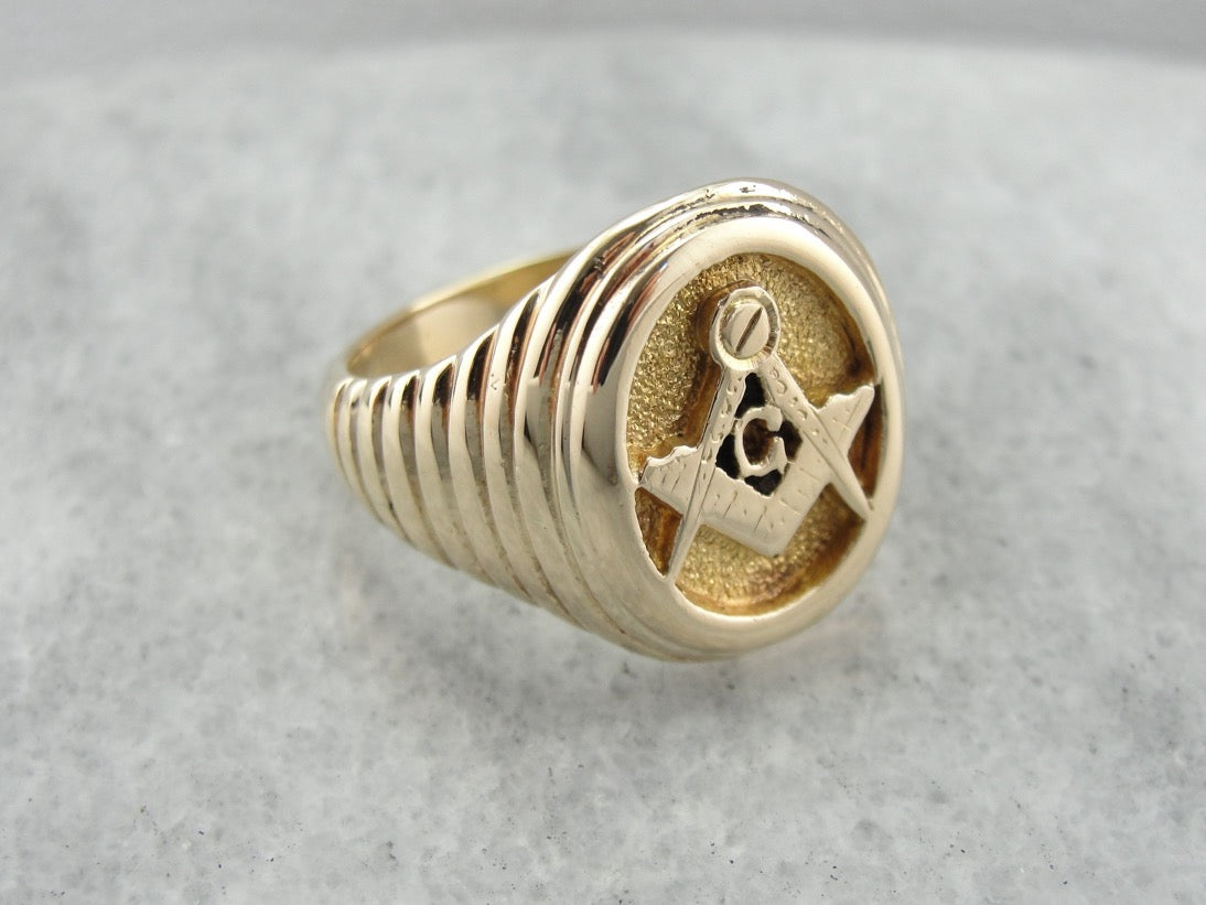 Men's Masonic Ring Crafted in 14K Yellow Gold, Unique Rippled Texture