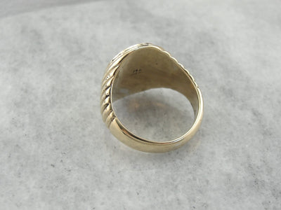 Men's Masonic Ring Crafted in 14K Yellow Gold, Unique Rippled Texture