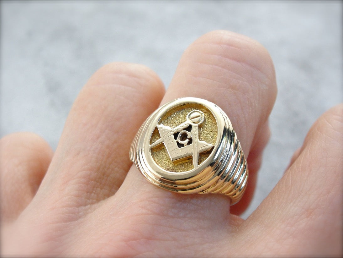 Men's Masonic Ring Crafted in 14K Yellow Gold, Unique Rippled Texture