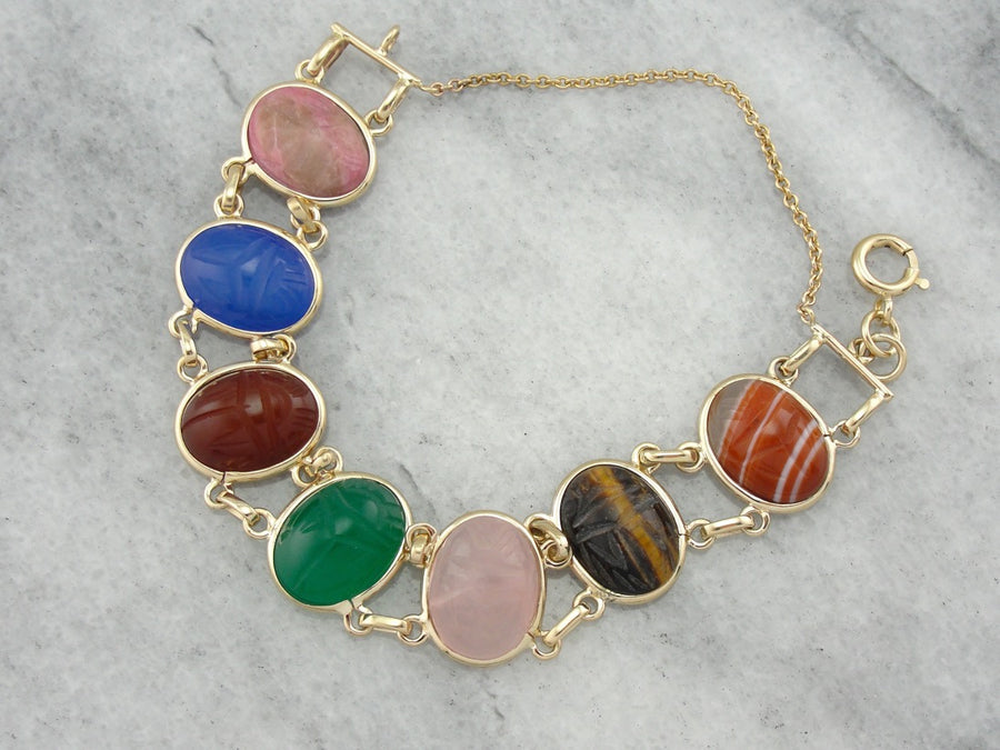 Carved Multi Stone Scarab Bracelet in Yellow Gold