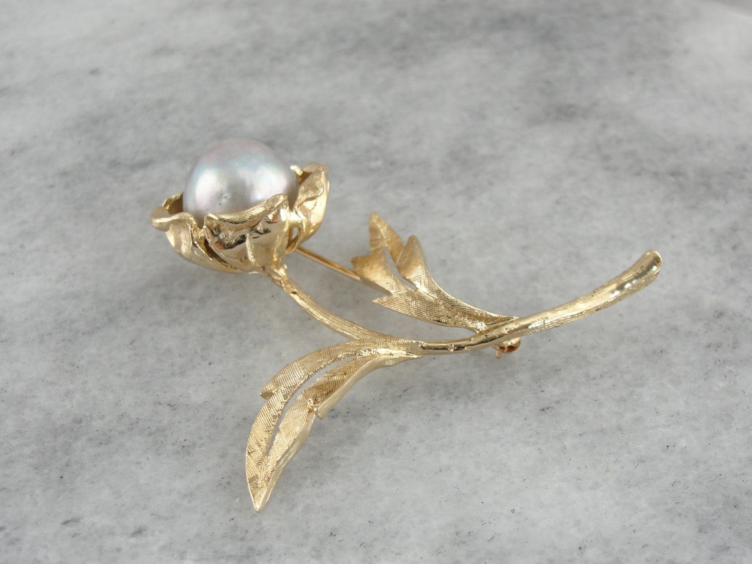 Bold Gold & Vintage Baroque Pearl Floral Brooch, Large Mid Century Statement Brooch