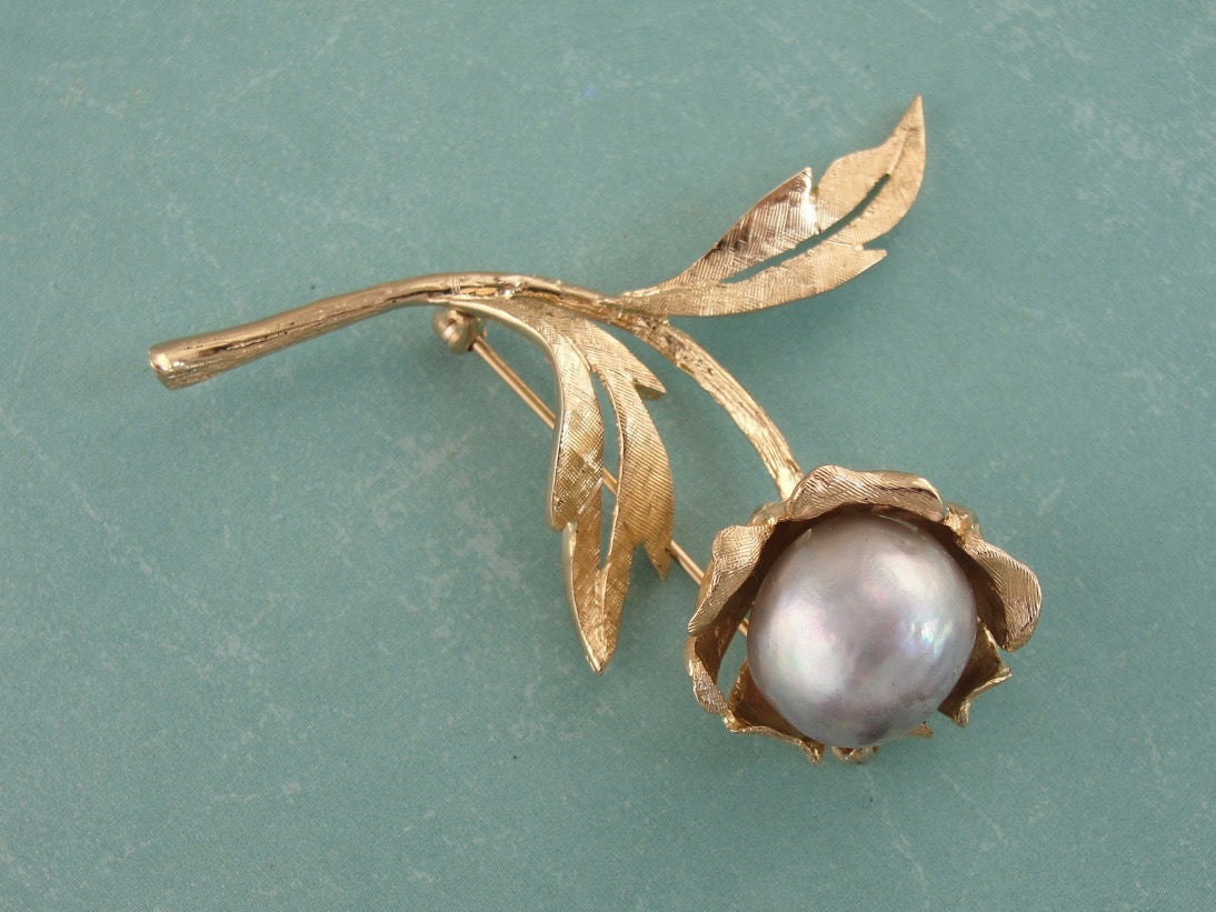Bold Gold & Vintage Baroque Pearl Floral Brooch, Large Mid Century Statement Brooch