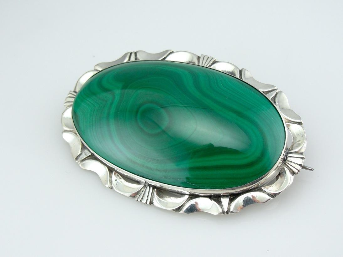 Bright Green Malachite Brooch or Pendant with Mid Century Sterling Frame