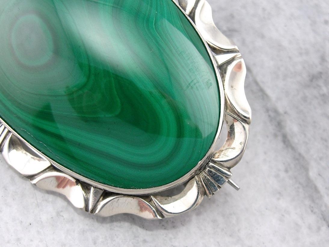 Bright Green Malachite Brooch or Pendant with Mid Century Sterling Frame