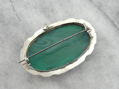Bright Green Malachite Brooch or Pendant with Mid Century Sterling Frame