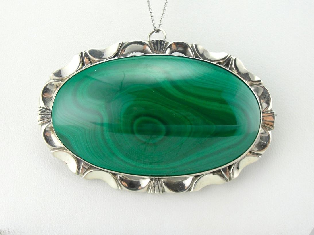 Bright Green Malachite Brooch or Pendant with Mid Century Sterling Frame