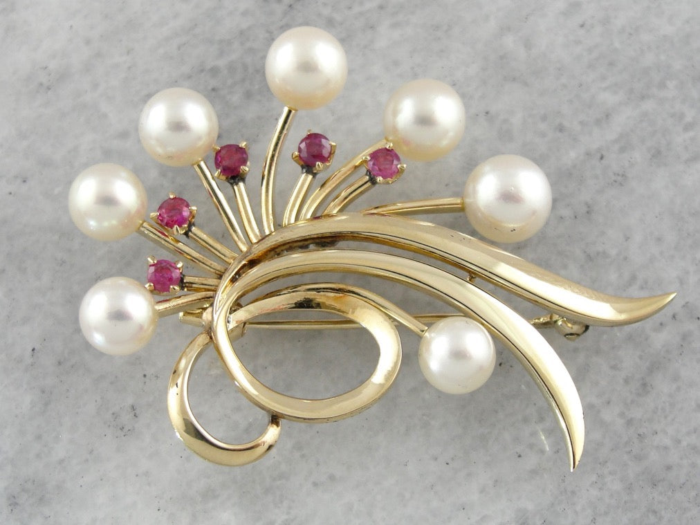 Cultured Pearl & Ruby Cluster Flower 14K White Gold Brooch