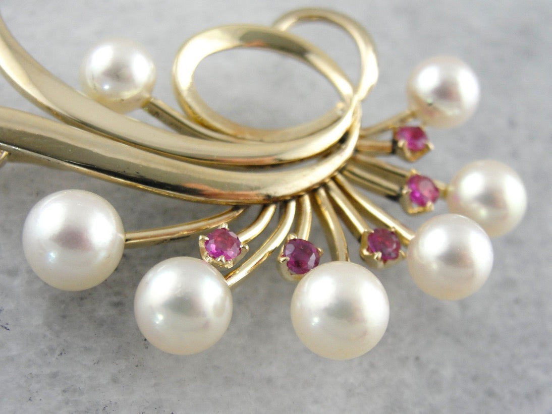 Vintage Pearl and Ruby Brooch in Yellow Gold, Abstract Statement Pin