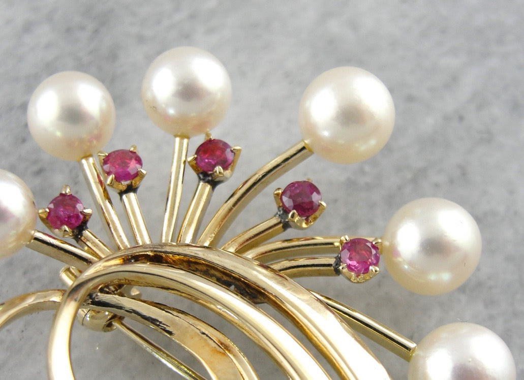 Vintage Pearl and Ruby Brooch in Yellow Gold, Abstract Statement Pin
