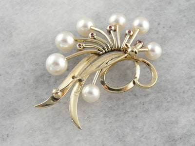 Vintage Pearl and Ruby Brooch in Yellow Gold, Abstract Statement Pin