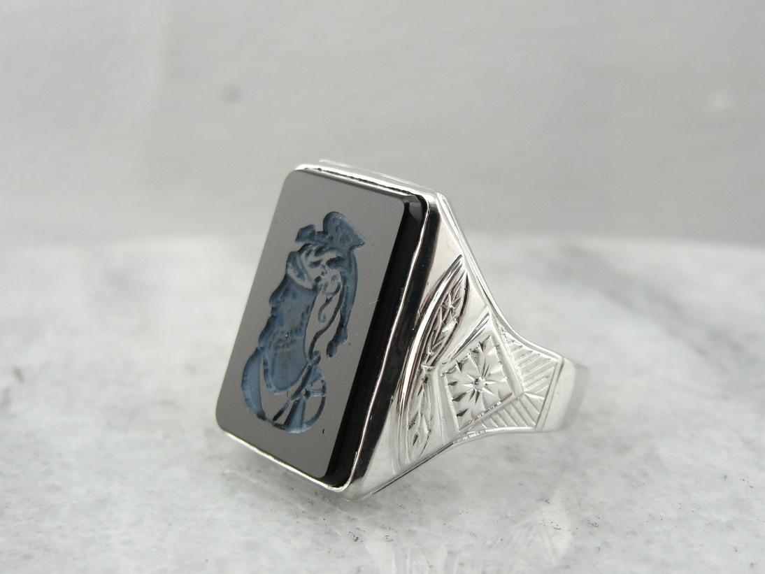 The Lord of Dragons: Vintage Intaglio Ring with Warrior Onyx