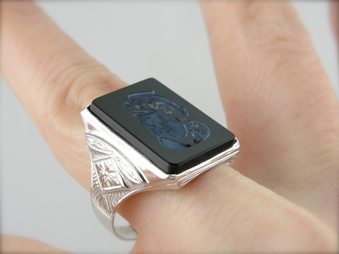 The Lord of Dragons: Vintage Intaglio Ring with Warrior Onyx