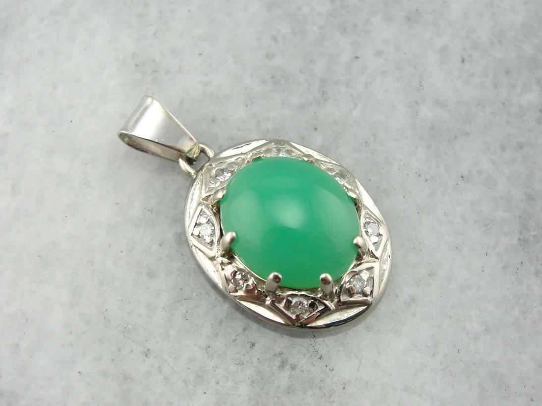 Mid-Century Springtime! Green Chrysoprase and Diamond Pendant