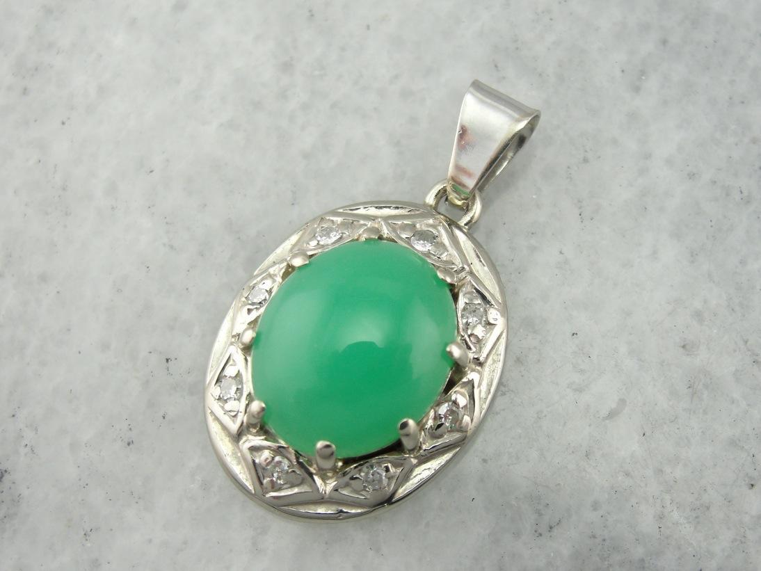 Mid-Century Springtime! Green Chrysoprase and Diamond Pendant