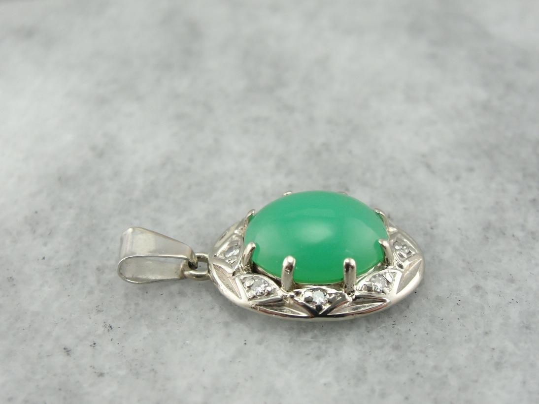 Mid-Century Springtime! Green Chrysoprase and Diamond Pendant