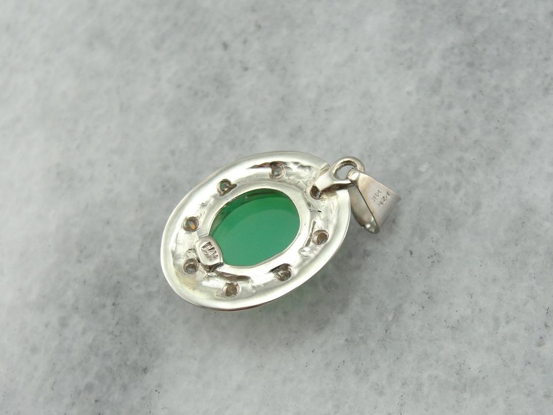Mid-Century Springtime! Green Chrysoprase and Diamond Pendant