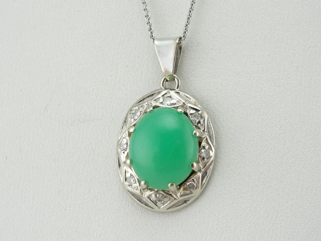 Mid-Century Springtime! Green Chrysoprase and Diamond Pendant