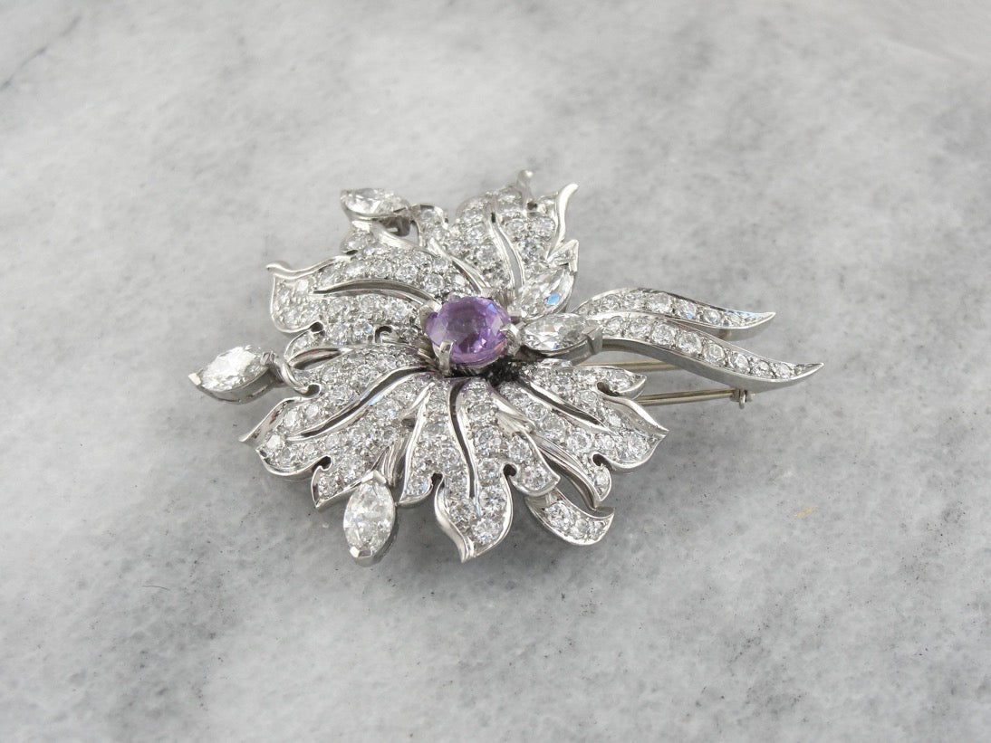 Spectacular Pink Sapphire and Diamond Retro Era Platinum Brooch