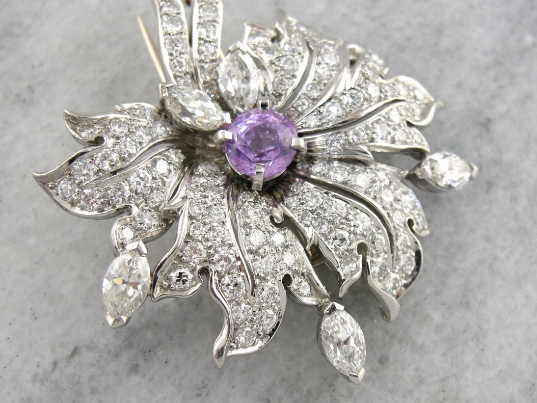 Spectacular Pink Sapphire and Diamond Retro Era Platinum Brooch